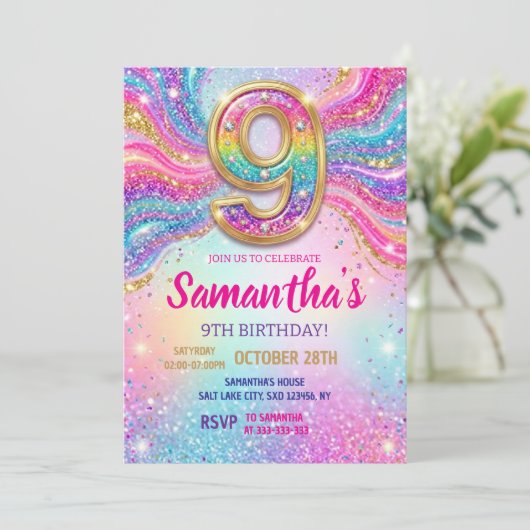 Invitation Rainbow Sparkle Glitter 9th Birthday Party (Debout devant)
