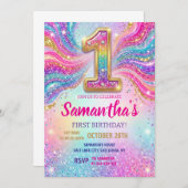 Invitation Rainbow Sparkle Glitter First Birthday Party (Devant / Derrière)