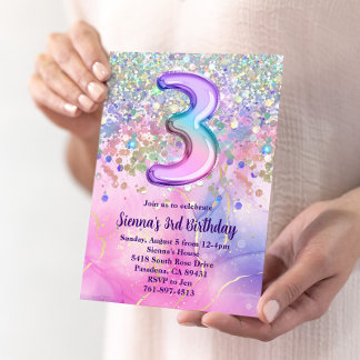 Invitation Rainbow Sparkle Parties scintillant 3ème anniversa
