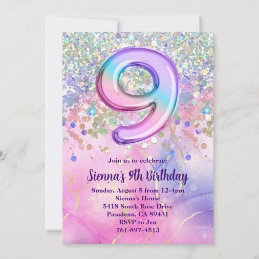 Invitation Rainbow Sparkle Parties scintillant 9e anniversair (Devant)