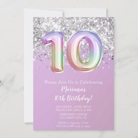 Invitation Rainbow Sparkle Parties scintillant Fille 10e fête (Devant)