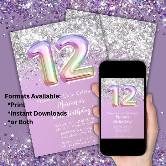 Invitation Rainbow Sparkle Parties scintillant Fille 12ème an