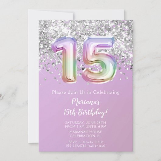 Invitation Rainbow Sparkle Parties scintillant Fille 15e fête (Devant)