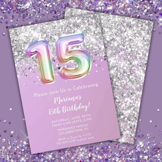 Invitation Rainbow Sparkle Parties scintillant Fille 15e fête