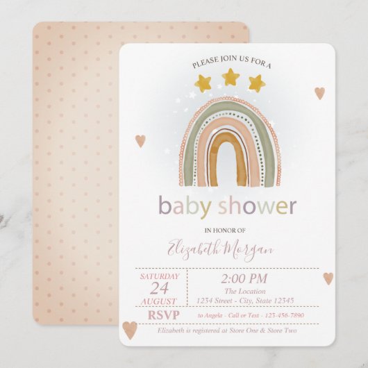 Invitation Rainbow Stars Coeurs, Baby shower Pois (Devant / Derrière)