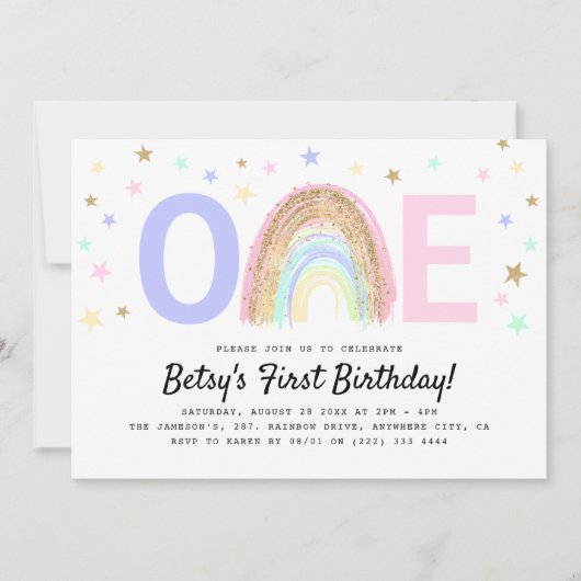 Invitation Rainbow & Stars moderne 'ONE' 1er anniversaire fêt (Devant)