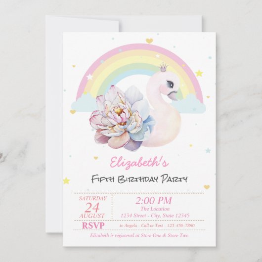 Invitation Rainbow Stars Swan Flower Anniversaire (Devant)