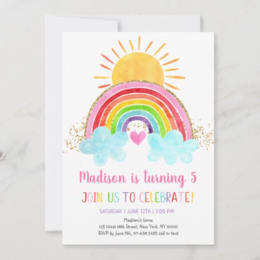 Invitation Rainbow Sunshine Rose Gold Anniversaire (Devant)