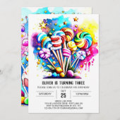 Invitation Rainbow Sweet Lollipop anniversaire (Devant / Derrière)