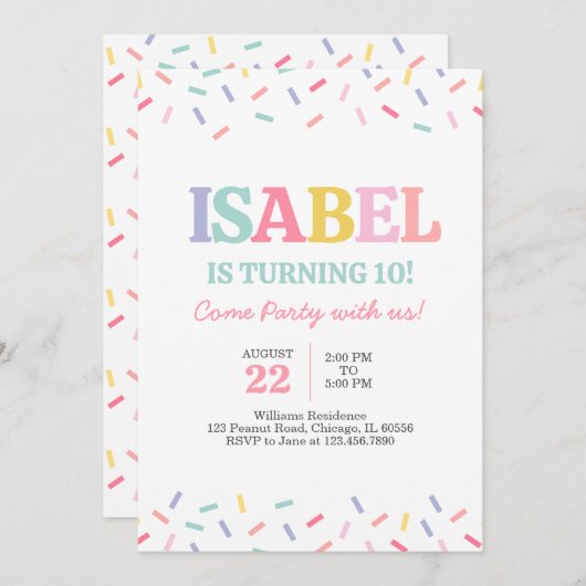 Invitation Rainbow Sweets Sprinkings Anniversaire (Devant / Derrière)