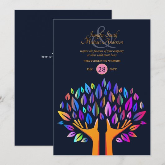 Invitation Rainbow Tree of Life COUPLES Événement Marine Gold (Devant / Derrière)