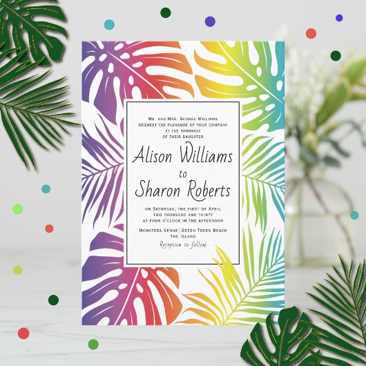 Invitation Rainbow tropicale feuille motif gay lesbienne mari