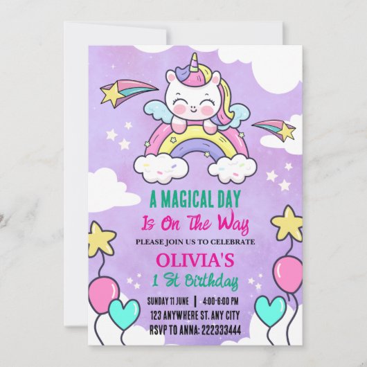 Invitation Rainbow Unicorn 1 st Birthday Party Girl (Devant)