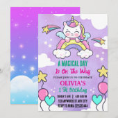 Invitation Rainbow Unicorn 1 st Birthday Party Girl (Devant / Derrière)