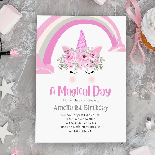 Invitation Rainbow Unicorn 1er Anniversaire Pink