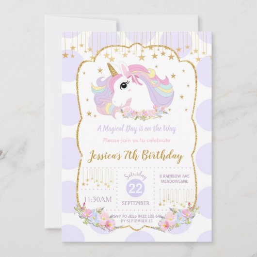 Invitation Rainbow Unicorn 1er Anniversaire Purple Polka Dot (Devant)