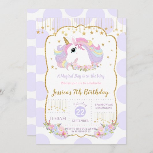 Invitation Rainbow Unicorn 1er Anniversaire Purple Polka Dot (Devant / Derrière)