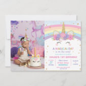 Invitation Rainbow Unicorn 1ère fête d'anniversaire fille ave (Devant)