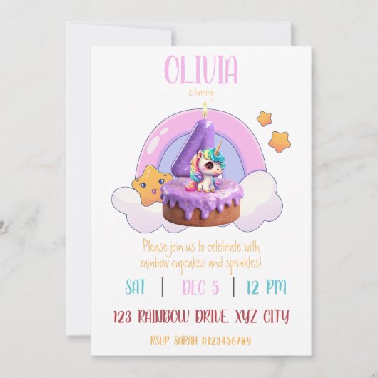 Invitation Rainbow Unicorn 4e anniversaire fête Cupcake (Devant)