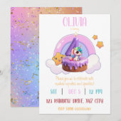 Invitation Rainbow Unicorn 4e anniversaire fête Cupcake (Devant / Derrière)