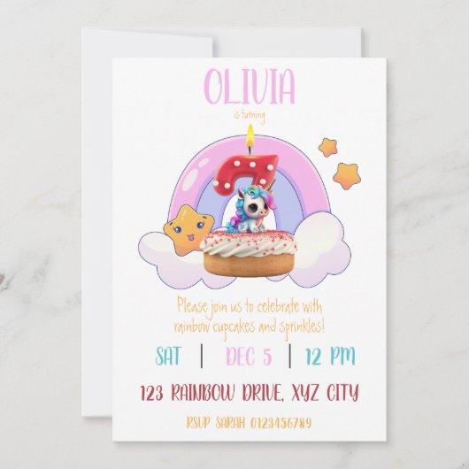 Invitation Rainbow Unicorn 7e fête d'anniversaire Cupcake (Devant)
