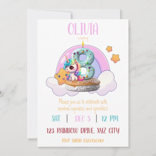 Invitation Rainbow Unicorn 8e anniversaire fête Cupcake (Devant)