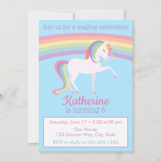 Invitation Rainbow Unicorn Anniversaire (Devant)