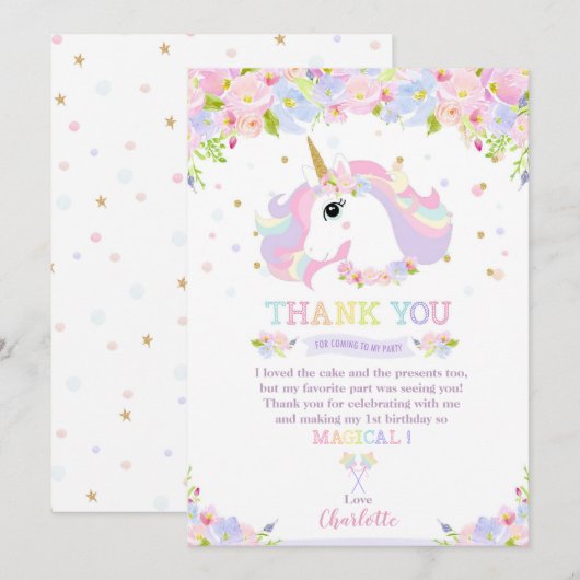 Invitation Rainbow Unicorn Anniversaire Merci joli Floral (Devant / Derrière)