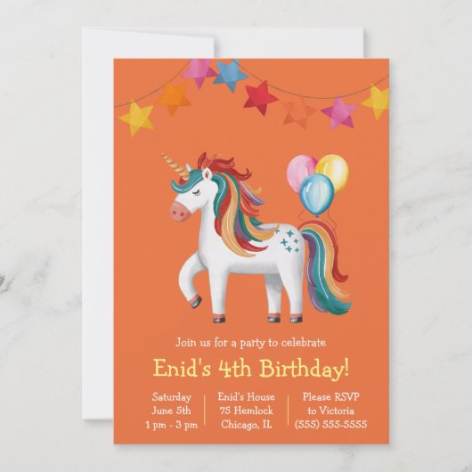 Invitation Rainbow Unicorn, Ballons & Bannière Anniversaire (Devant)
