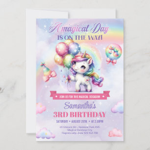 Invitation Rainbow Unicorn Birthday Girls Pastel 3ème anniver