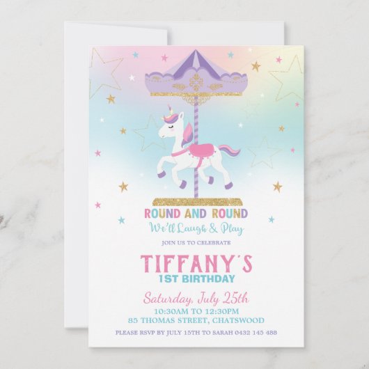 Invitation Rainbow Unicorn Carousel 1er anniversaire Parties (Devant)