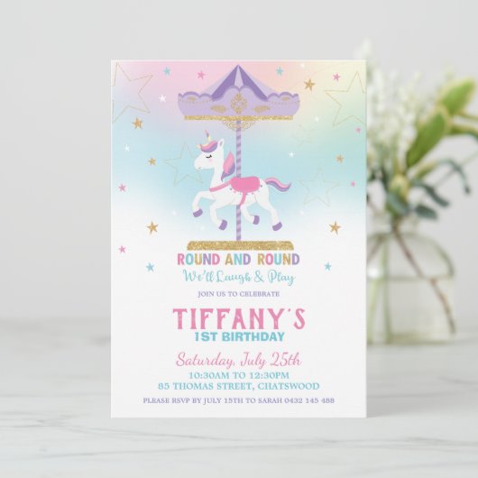 Invitation Rainbow Unicorn Carousel 1er anniversaire Parties  (Debout devant)