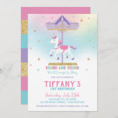 Invitation Rainbow Unicorn Carousel 1er anniversaire Parties  (Devant / Derrière)