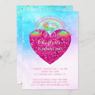 Invitation Rainbow Unicorn Coeur rose 1er anniversaire
