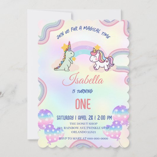Invitation Rainbow Unicorn & Dinosaur Friends Anniversaire Pa (Devant)