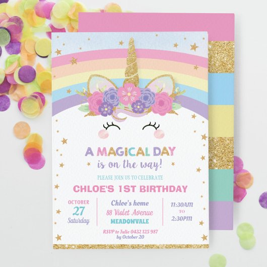 Invitation Rainbow Unicorn Fille de fête d'anniversaire