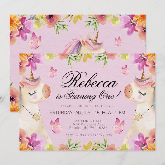 Invitation Rainbow Unicorn Filles d'anniversaire (Devant / Derrière)