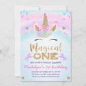 Invitation Rainbow Unicorn Gold Parties scintillant 1er anniv (Devant)