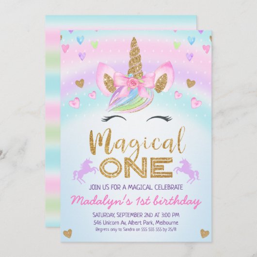 Invitation Rainbow Unicorn Gold Parties scintillant 1er anniv (Devant / Derrière)