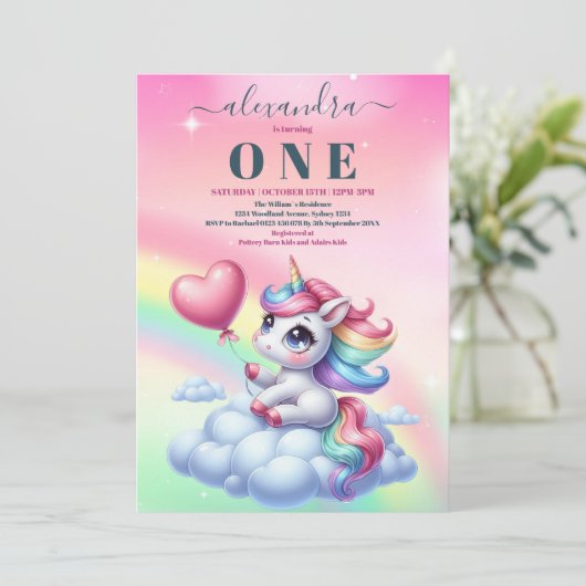 Invitation Rainbow Unicorn Gold Parties scintillant 1er anniv (Debout devant)