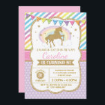 Invitation Rainbow Unicorn Invitation de fête d'an<br><div class="desc">Invitation d'anniversaire colorée avec une licorne d'or avec arc-en-ciel magique parsemé d'étoiles glittères</div>