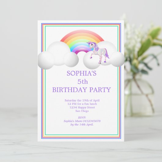 Invitation Rainbow Unicorn Magique mignonne Anniversaire (Debout devant)