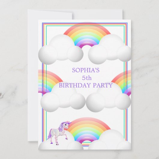 Invitation Rainbow Unicorn Magique mignonne Anniversaire (Dos)