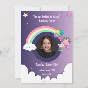 Invitation Rainbow unicorn mignonne fête d'anniversaire Invit