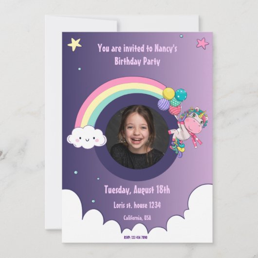 Invitation Rainbow unicorn mignonne fête d'anniversaire Invit (Devant)