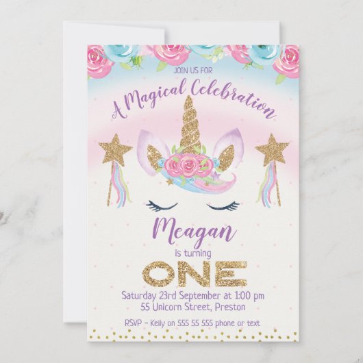 Invitation Rainbow Unicorn Parties scintillant 1er anniversai (Devant)