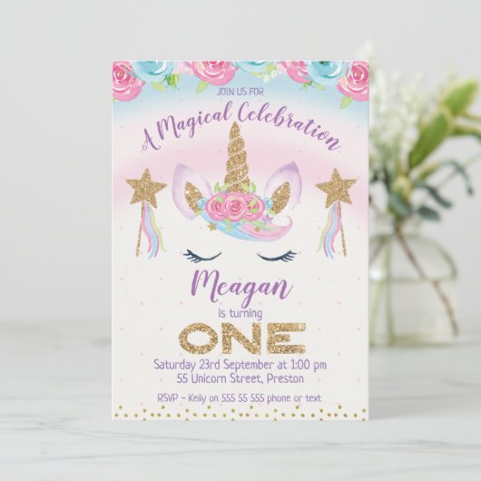 Invitation Rainbow Unicorn Parties scintillant 1er anniversai (Debout devant)
