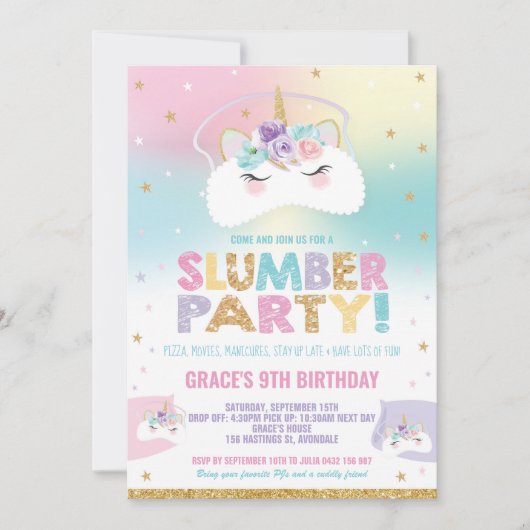 Invitation Rainbow Unicorn Slumber Birthday Party Sleepover (Devant)