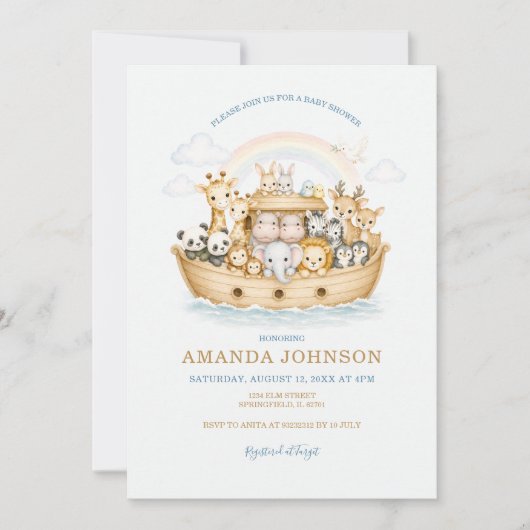 Invitation Rainbow Watercolor Animals Noah Ark (Devant)