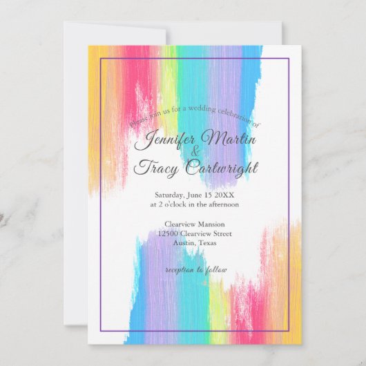 Invitation Rainbow Watercolor Paint Strots LGBTQ Mariage (Devant)